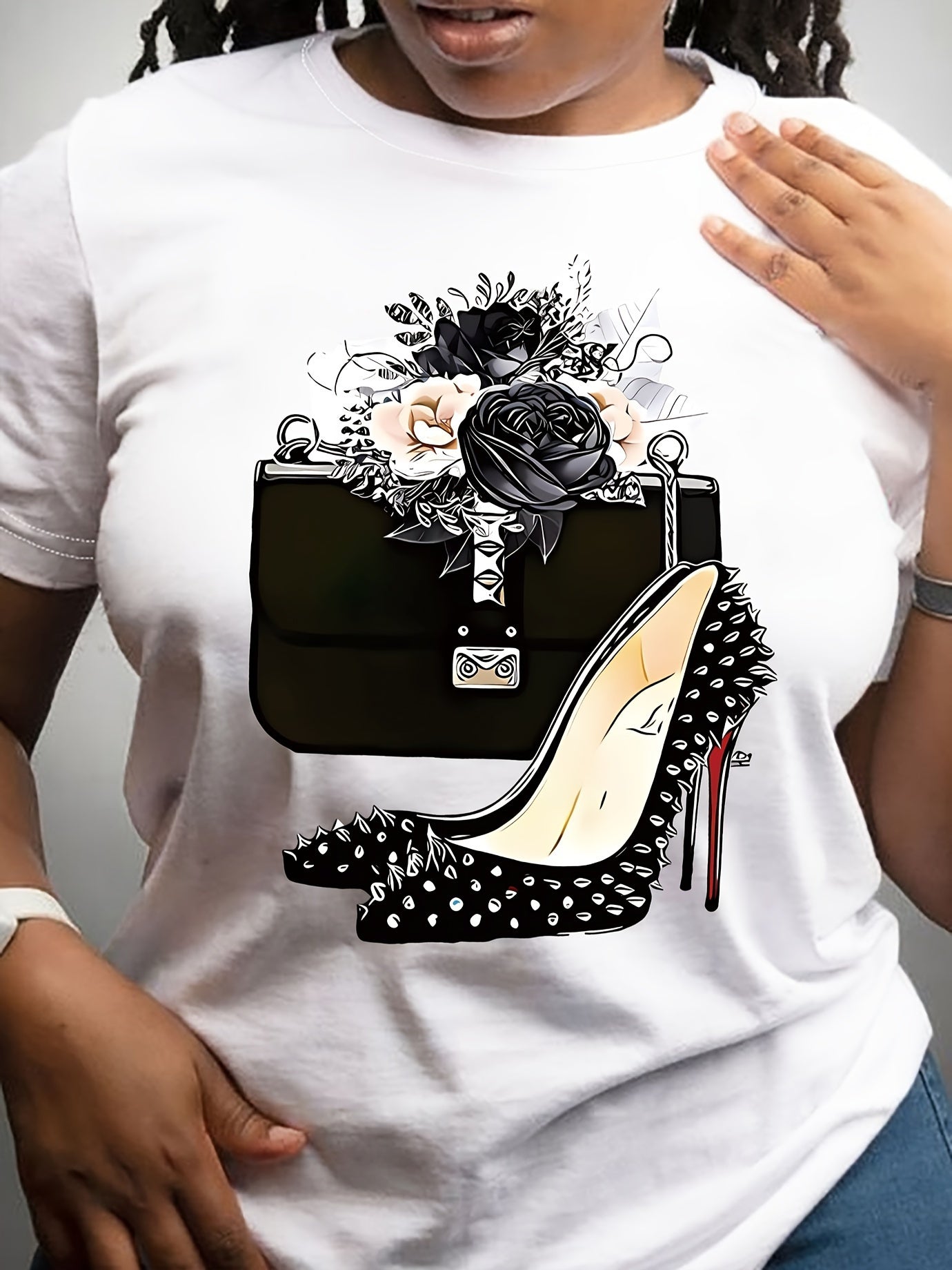 Women's Chic High Heel & Floral Print T-Shirt - Casual Crew Neck Short Sleeve Top, Breathable & Comfortable for Spring & Summer Fashion